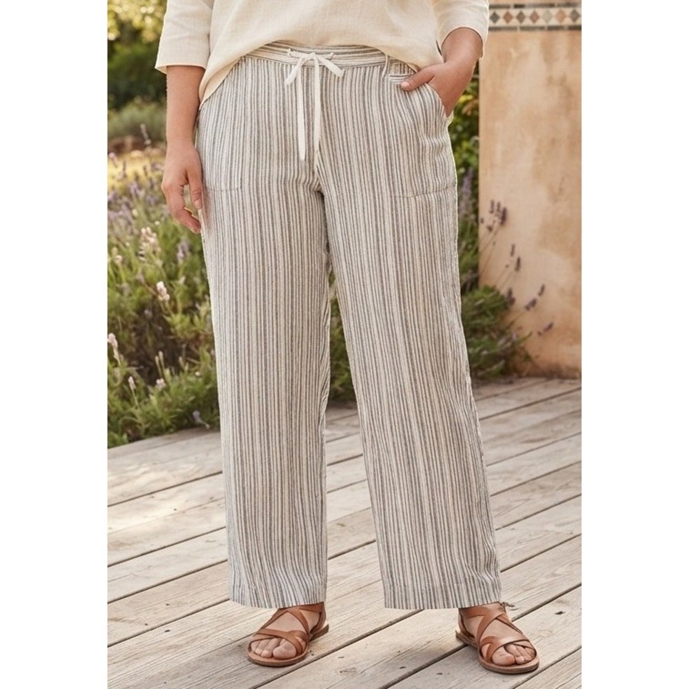 Lane Bryant Striped‎ Linen Blend Wide Leg Pants Women's 18/20 Drawstring Coastal
